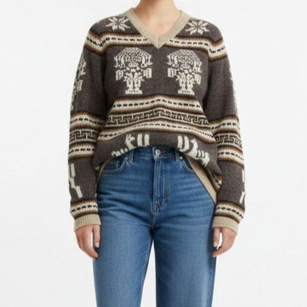 Handmade Alpaca V-Neck Long Sleeve Aztec Llama Sweater Women Small Brown